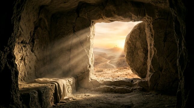 Empty tomb of jesus with sunrise light and stone rolled away