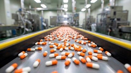 Obraz premium Numerous orange and white pharmaceutical capsules move along a stainless steel conveyor belt in a sterile manufacturing facility.