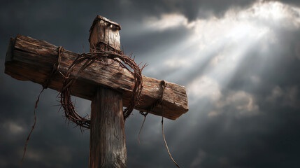 Wooden cross with crown of thorns under stormy sky pierced by dramatic ray of light, powerful symbol of sacrifice redemption and faith concept