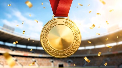 Magnificent close up of a gleaming first place gold medal hanging from a vibrant red ribbon during celebration.