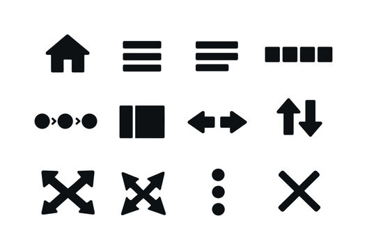 Solid vector icons of interface navigation: home icon, menu icon, hamburger menu, tab bar, breadcrumb, sidebar, pagination arrow,