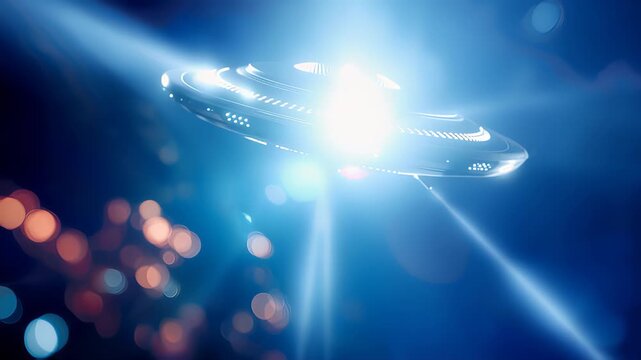 Futuristic UFO flying saucer in deep space with glowing lights and cinematic beams against a bokeh galaxy background