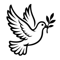 Obraz premium Iconic black outline art featuring a symbolic white peace dove in graceful flight, carrying an olive branch, embodying hope, tranquility, and global peace. Perfect for spiritual, religious, and unity