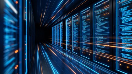 Rows of high-performance server racks displaying active data streams and illuminated blue code within a modern digital infrastructure environment.