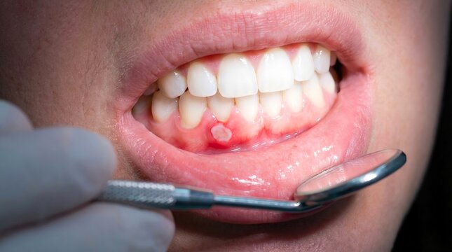 Detailed close-up of a painful canker sore, clinically known as an aphthous ulcer, visible on the inflamed lower gum inside an open human mouth during a dental examination.