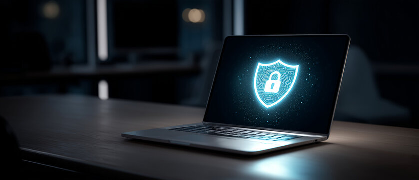 Imagem tecnol&oacute;gica de seguran&ccedil;a cibern&eacute;tica com notebook, ideal para temas de prote&ccedil;&atilde;o empresarial, dados pessoais e privacidade online