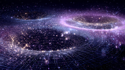 Multiverse gravity field with overlapping curved spacetime grids and glowing quantum nodes cosmic physics concept