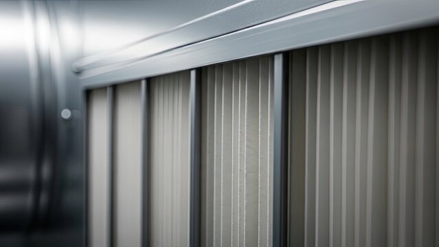 Detailed shot of industrial ventilation system showing air filters and metal casing