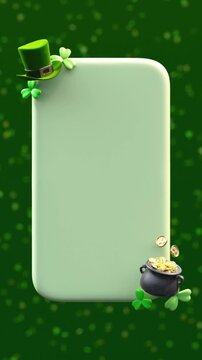 Saint Patricks Day text box looping video with green leprechaun hat, shamrocks and pot of gold on dark green, festive holiday symbols in 3D animation