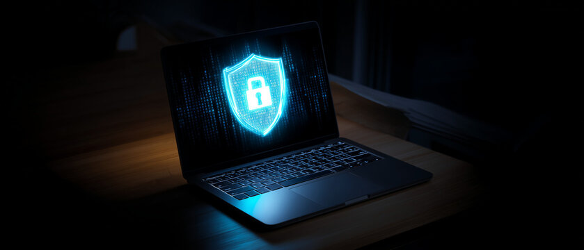 Computador port&aacute;til exibindo s&iacute;mbolo de cadeado representando prote&ccedil;&atilde;o de dados e seguran&ccedil;a cibern&eacute;tica em ambientes digitais, conceito de privacidade, tecnologia e defesa contra ataques virtuais