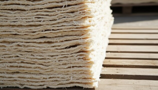 A textured stack of thick, pale beige fibrous paper sheets rests on weathered wooden planks under natural sunlight