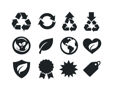 Eco Symbols Set. Solid vector icons of recycling symbols set: recycle triangle, circular arrows, upcycle icon, downcycle icon,