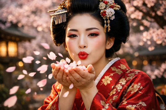 Jeune femme en kimono soufflant des fleurs de sakura.