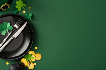 Fototapeta premium Festive St Patrick's Day flatlay with black dinnerware, silver knife and fork, paper clovers and chocolate gold coins on a green background creating a celebratory holiday table scene