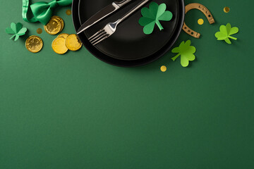 Fototapeta premium Overhead view of a green St. Patrick's Day table setting with paper shamrocks, gold chocolate coins, a horseshoe and black plate with cutlery creating a festive holiday mood