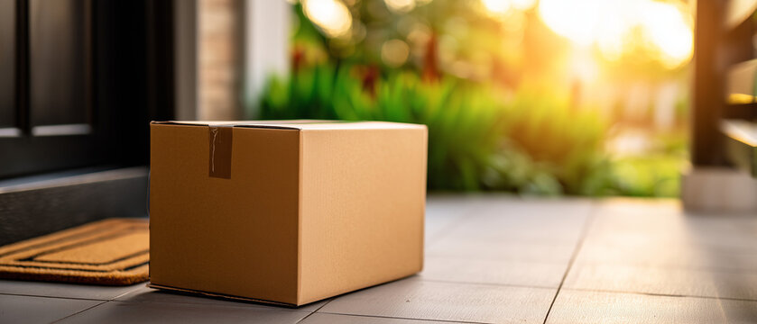 Caixa de encomenda na entrada de resid&ecirc;ncia representando log&iacute;stica de entrega e compras online.