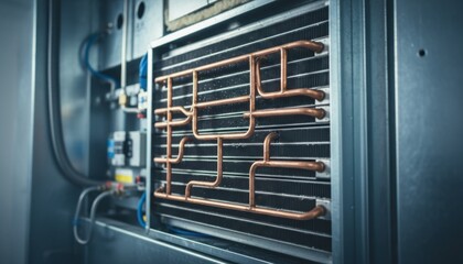 Obraz premium Detailed Close-Up of an HVAC Refrigeration Coil with Copper Tubing