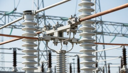 Detailed view of electrical substation equipment with insulators and transmission lines