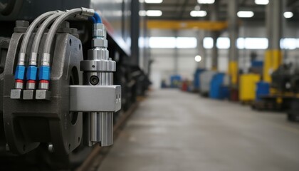 Obraz premium Detailed view of industrial machinery component with a blurred factory background