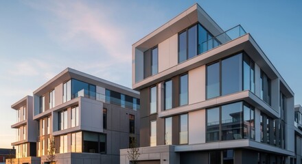 Modern architecture, residential building and contemporary design for urban living with apartment complex showcasing sleek facade and large windows during sunset. Luxury homes, real estate and