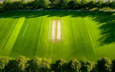 Naklejka premium Aerial View of Symmetrical Cricket Ground with Lush Green Grass