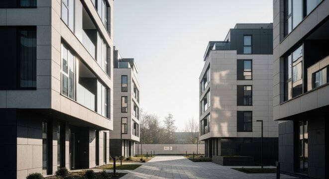 Modern architecture, residential building and urban development in a new housing complex for contemporary living with families enjoying outdoor space and landscaped gardens. Apartment, condominium
