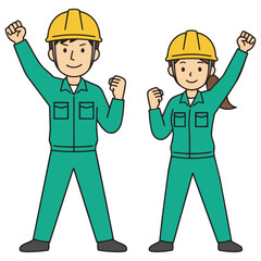 青い作業服とヘルメット姿の男女がガッツポーズで立つイラスト。なめらかな線とにこやかな表情が、希望や成長、チームワークの力を感じさせ、働く現場の前向きな雰囲気を伝えます。