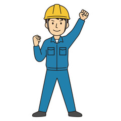 青い作業服とヘルメット姿の男がガッツポーズで立つイラスト。なめらかな線とにこやかな表情が、希望や成長、チームワークの力を感じさせ、働く現場の前向きな雰囲気を伝えます。