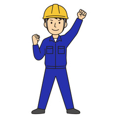 青い作業服とヘルメット姿の男がガッツポーズで立つイラスト。なめらかな線とにこやかな表情が、希望や成長、チームワークの力を感じさせ、働く現場の前向きな雰囲気を伝えます。