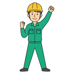 青い作業服とヘルメット姿の男がガッツポーズで立つイラスト。なめらかな線とにこやかな表情が、希望や成長、チームワークの力を感じさせ、働く現場の前向きな雰囲気を伝えます。