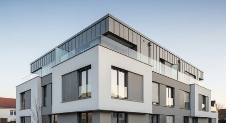 Obraz premium Modern architecture, contemporary design and residential building exterior for luxury apartment complex showcasing sleek facade with family enjoying outdoor balcony views in a suburban neighborhood