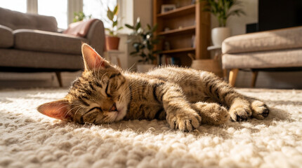 Obraz premium Tabby cat sleeping peacefully on soft carpet in living room 