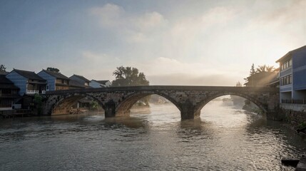 Obraz premium Charming Old Bridge at Sunset, Stone Architecture Overlooking River featuring river, bridge, stones, skyline.