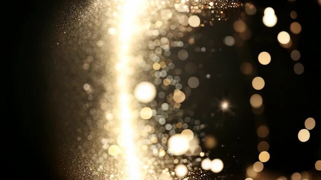 Particles move and create patterns on a dark background with bright gold elements, showing movement and changing shapes