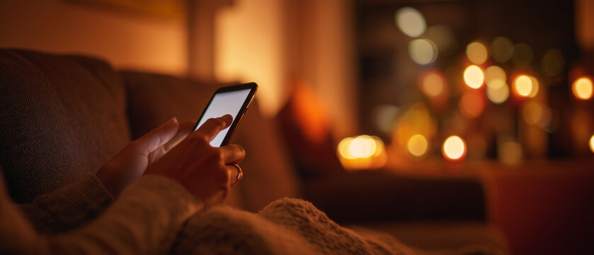 Cena dom&eacute;stica com pessoa navegando no celular em ambiente residencial &agrave; noite, representando consumo de conte&uacute;do digital, redes sociais e comunica&ccedil;&atilde;o instant&acirc;nea moderna.
