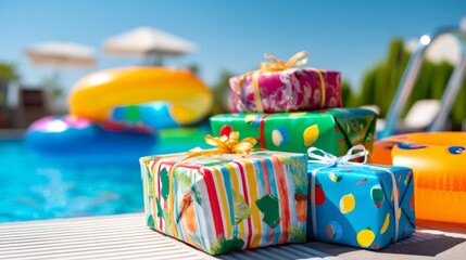 Naklejka premium Colorful Wrapped Presents by Poolside with Vibrant Summer Background