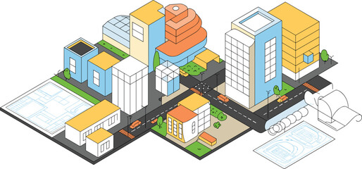 Obraz premium Isometric modern cityscape with colorful buildings, urban streets and architectural plans, smart city development vector illustration