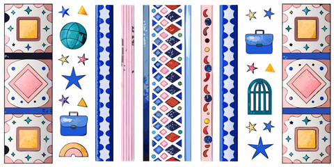 Colorful geometric patterns with travel motifs in a repeating design © Delip