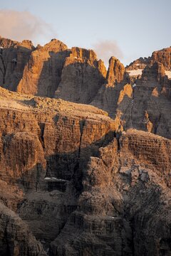 Detail, rocks and mountain peaks of the Brenta Mountains, evening mood with alpine glow, Brenta, Brenta-Adamello Natural Park, Trentino, Italy