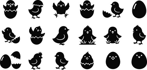 Obraz premium Black silhouettes of chickens and eggs in various poses