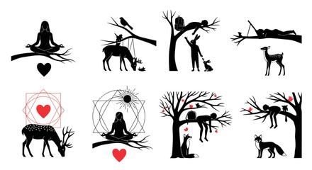 Obraz premium Mystical forest scenes with animals and figures in black silhouette