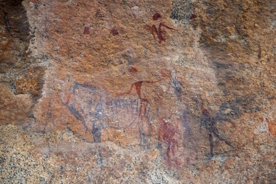 White Lady Rock Painting, White Lady Painting, Depiction of Hunters and Animals, Rock Paintings in Maack's Shelter, Tsisab Gorge, Brandberg, Erongo, Namibia