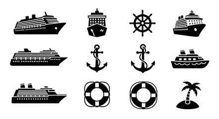 Collection of various black and white cruise ship and nautical icons. © Bakti