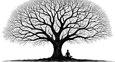Meditating figure beneath a large bare tree a striking silhouette © Md