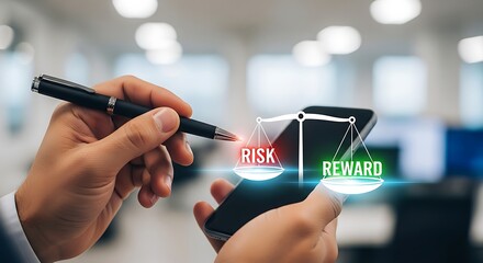 Businessman analyzing risk and reward on smartphone in modern office