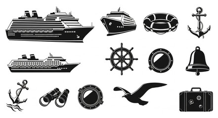 Collection of nautical themed illustrations featuring ships and maritime elements. © Bakti