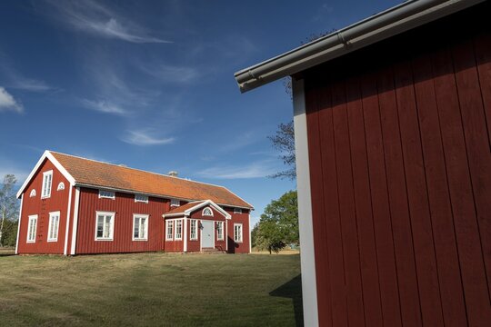Falun red or Swedish red painted houses, farm, Geta, Aland, or &Aring;land Islands, Gulf of Bothnia, Baltic Sea, Finland