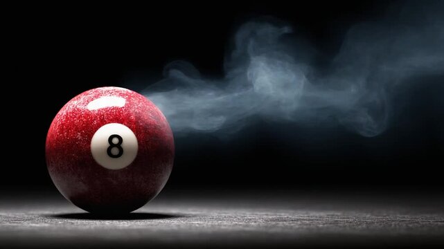 A close-up shot of a red and white 8-ball with smoky wisps in the background, a dark moody scene