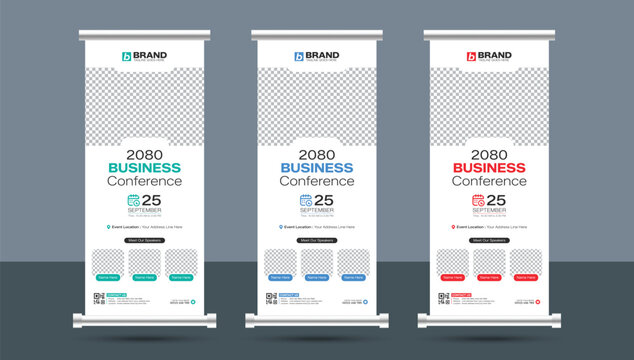 Minimal creative business conference roll up standee or x banner design layout template. Business conference vertical rollup, pull up, flag-banner, exhibition display, x-stand design.