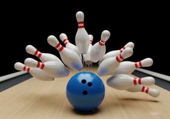 Blue bowling ball hitting white pins on wooden lane with black background